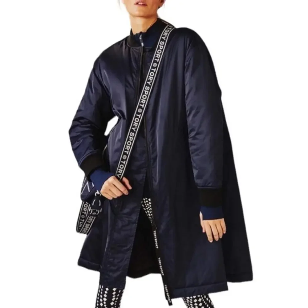 Tory Burch Sport Performance Navy Blue Satin Long Bomber Jacket Coat Medium